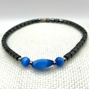 Hematite Beaded Bracelet with Cat Eye Blue Beads 9” Bracelet